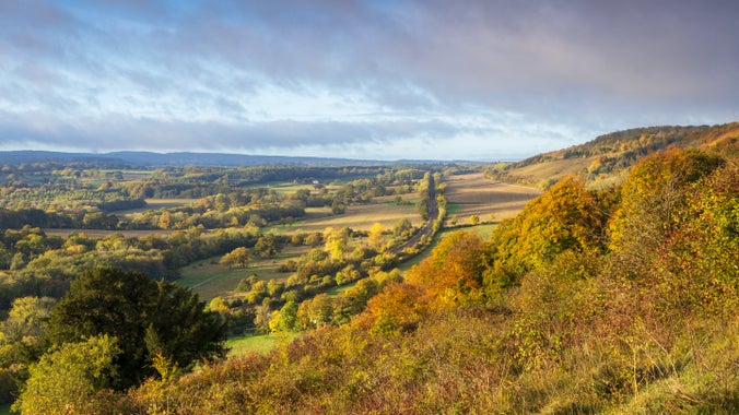 An autumn view across the valley, following the railway line towards the west.